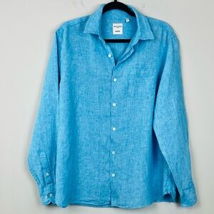 Murano 100% Linen Turquoise Blue Casual Button Down Ling Sleeve Shirt Size Large